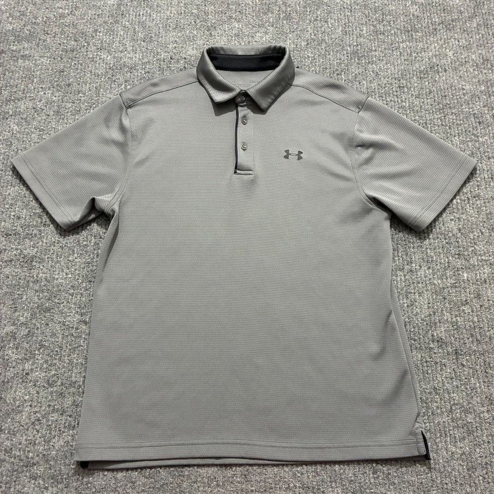 Under Armour HeatGear Mens Polo Shirt Size M Gray‎ Striped Loose Short Sleeve